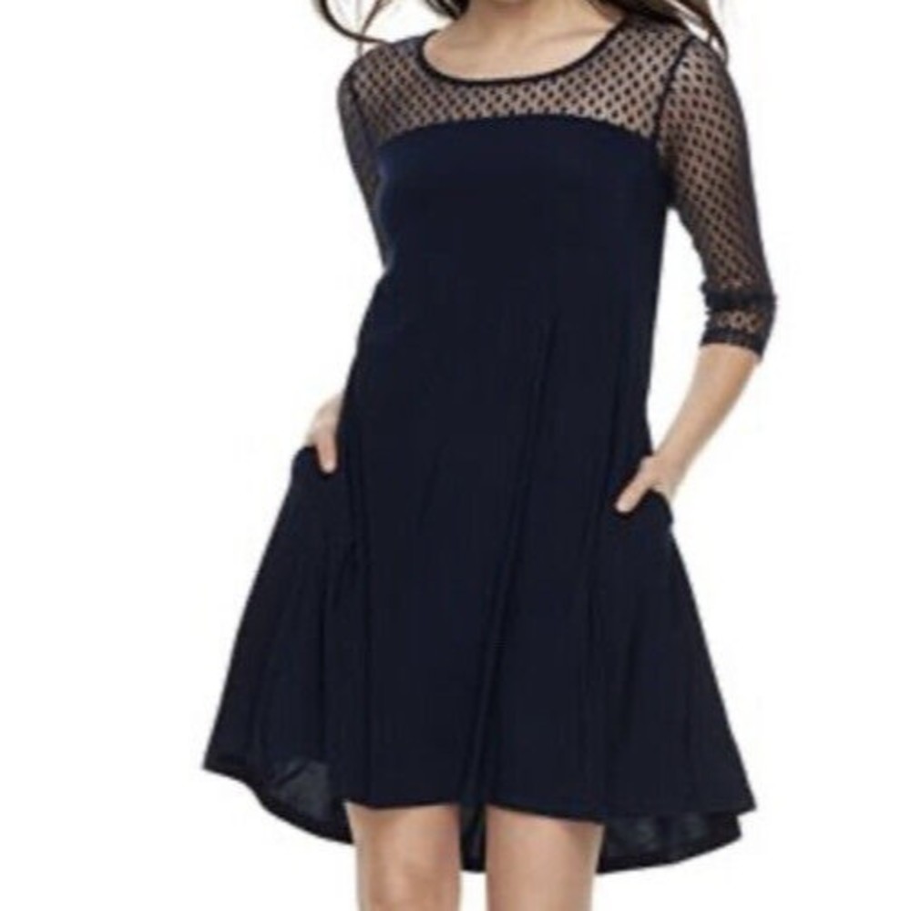 Nina Leonard Women’s XL Navy Dot Mesh Yoke Trapeze Dress NWT